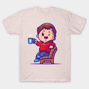 Cute Boy Drink Hot Coffee On Chair Cartoon T-Shirt